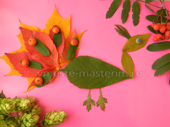 Детская аппликация из осенних листьев «Павлин» своими руками